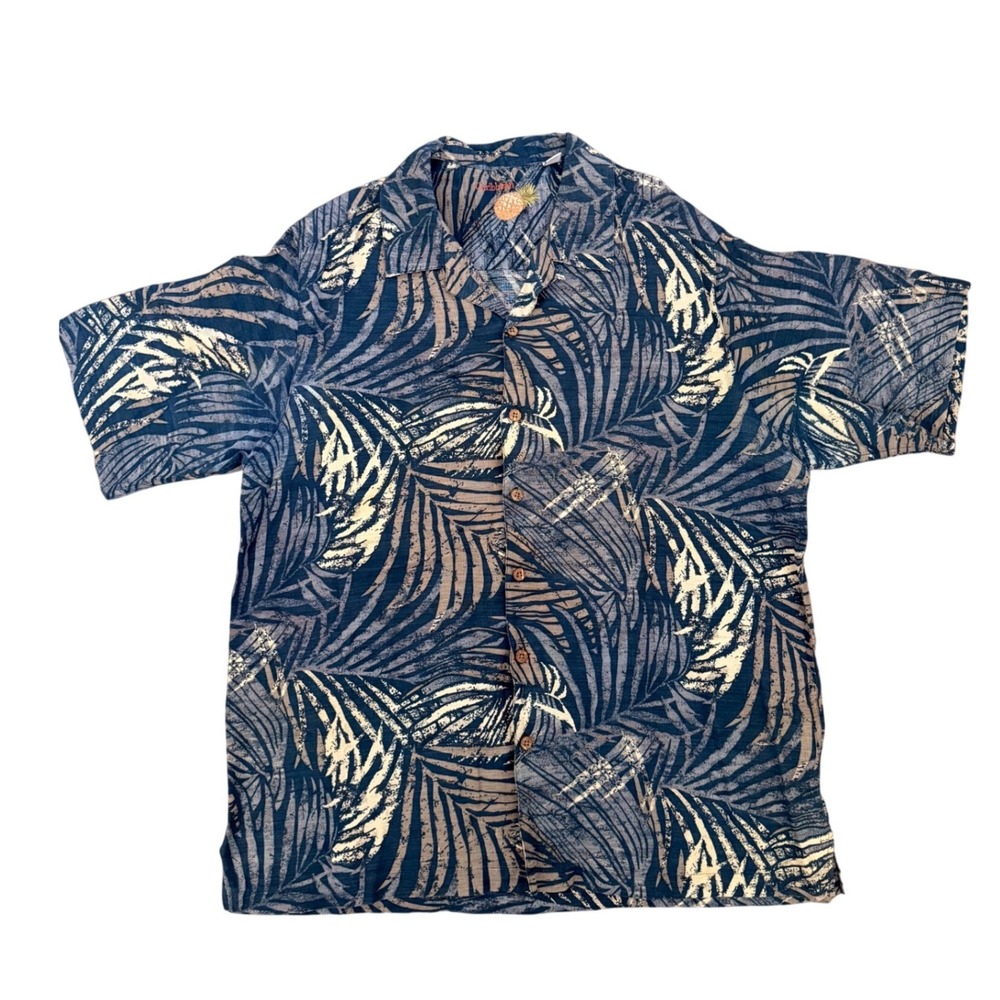 Caribbean Mens Large Silk Rayon Blue Palm Leaf Tropical Aloha Button Down Shirt